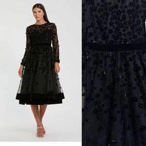 NEW MAC DUGGAL Black Velvet Embellished Illusion Long Sleeve ALine Midi Dress